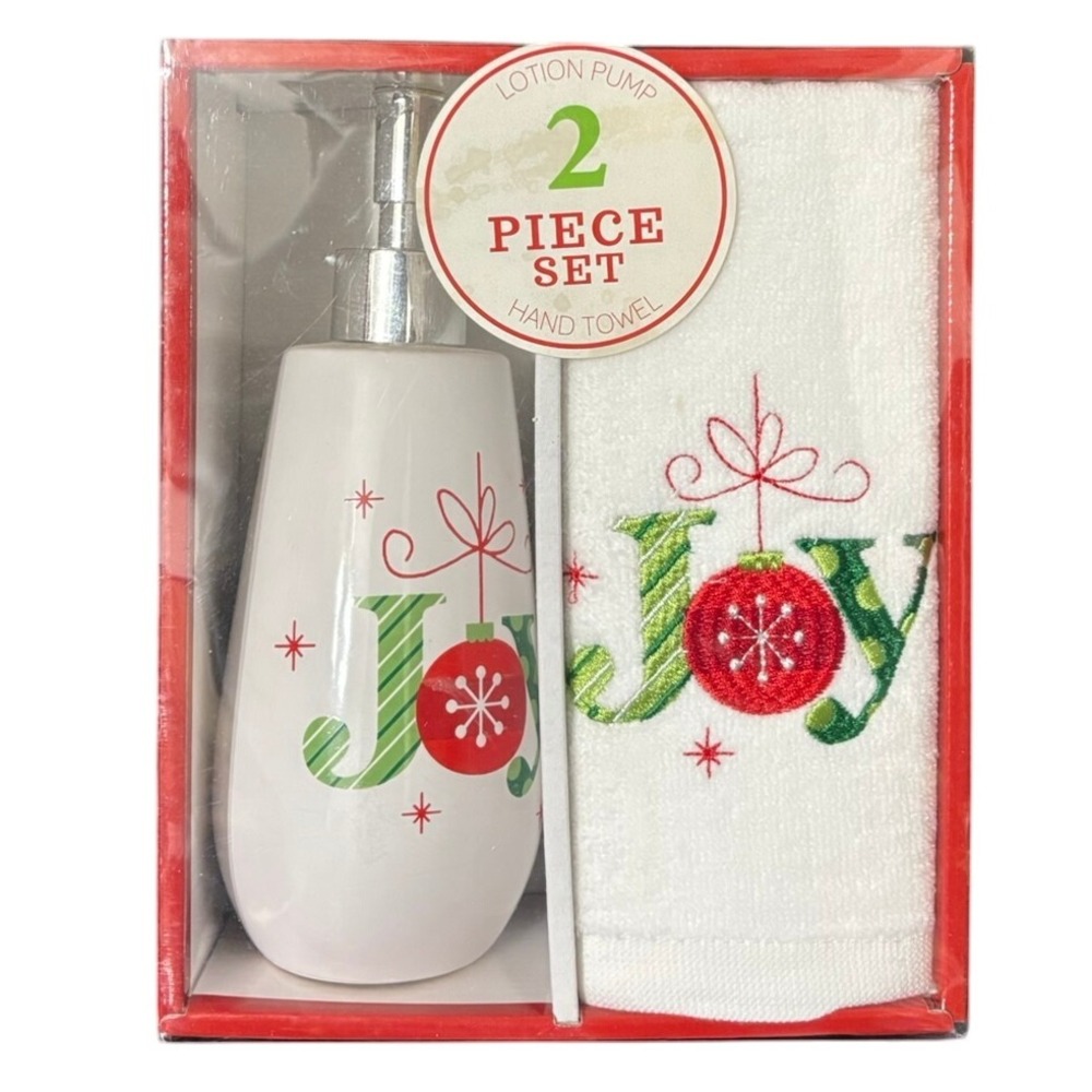 Avanti Christmas Joy Lotion Pump and Hand Towel‎ 2 Piece Set White Red Green